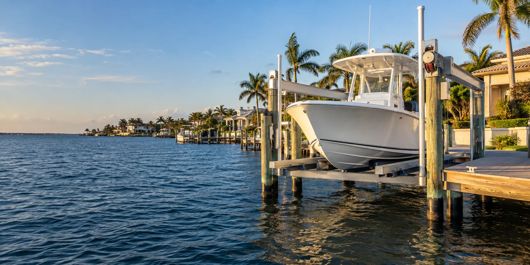 Boat raised on a waterfront lift